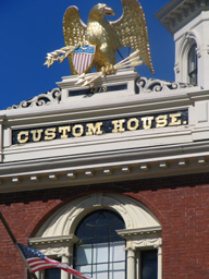 signpost of Custom House detail Salem waterfront